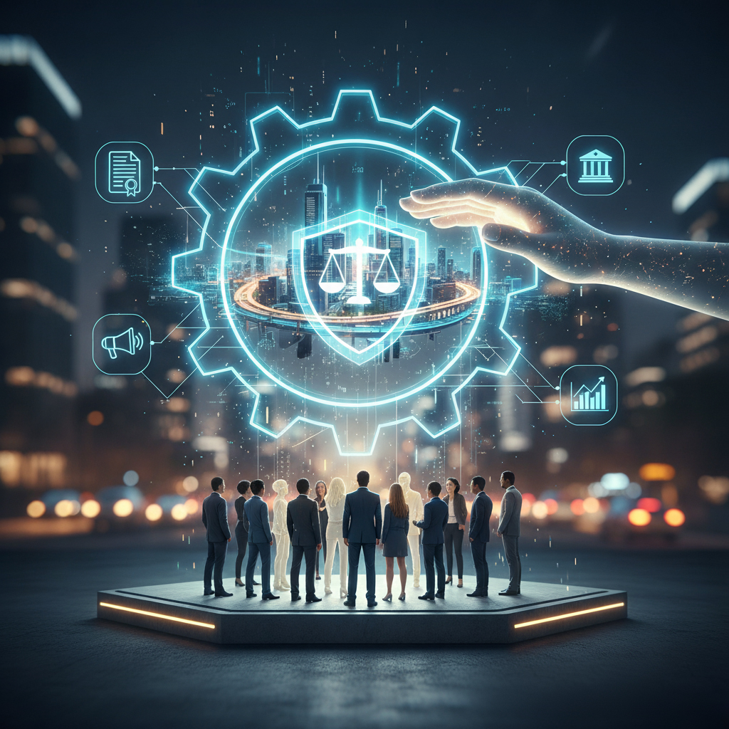 Representação visual da gestão pública, mostrando engrenagens digitais (a máquina administrativa) conectadas a um escudo protetor e a uma via expressa, simbolizando a organização do Estado, a prestação de serviços e o interesse público.