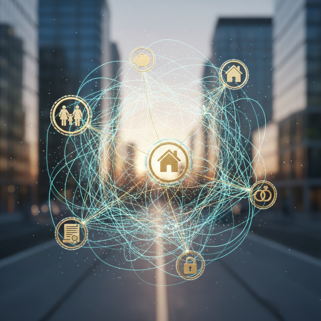 Diagrama abstrato que ilustra as relações privadas: um aperto de mãos (acordos e contratos) no centro de uma teia de conexões que se ligam a ícones de casa (propriedade) e silhuetas familiares (pessoas e bens)