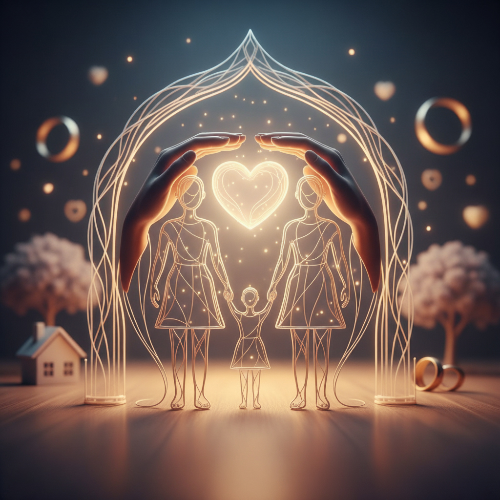 lustração focada em afeto e proteção, exibindo silhuetas de diversas formações familiares (casais, pais e filhos) envoltas por um anel dourado e orgânico, simbolizando o amparo legal e a segurança emocional