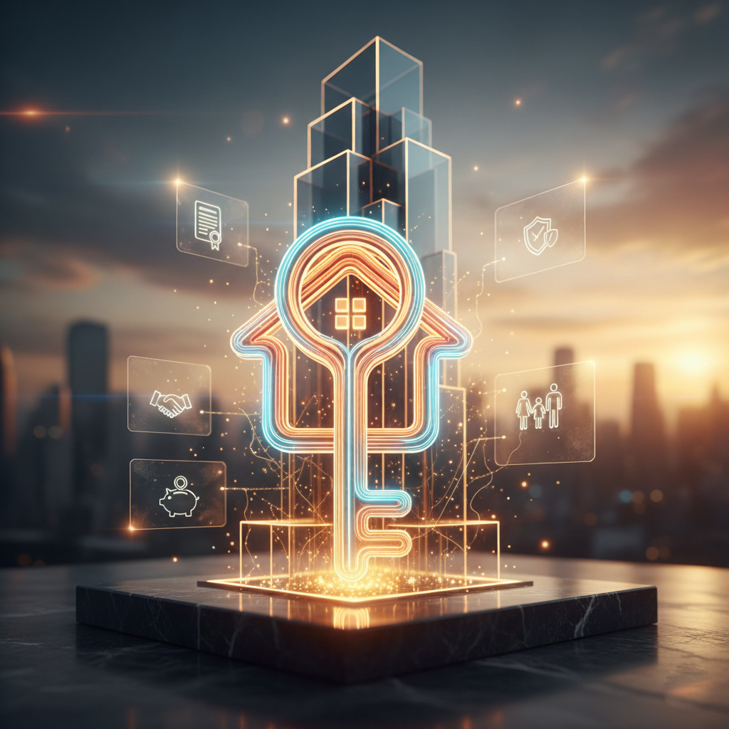 Imagem moderna com uma chave central estilizada em formato de casa, ladeada por ícones de documentos, cofrinho e prédios, representando a segurança nas transações, a posse e o valor do patrimônio imóvel.